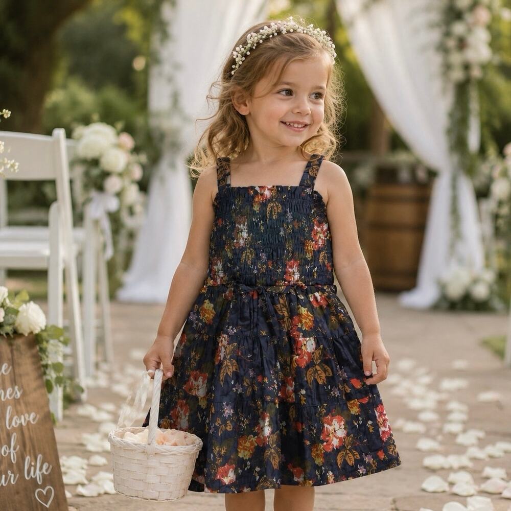 SEA New York Girls Floral Smocked Dress 4Y Navy Wedding Flower Girl NWT